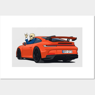 car 911 GT3 with skull man hands metal orange Posters and Art